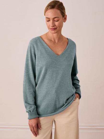 Celtic & Co. Geelong Wool Slouchy V-Neck Jumper, Dark Sage