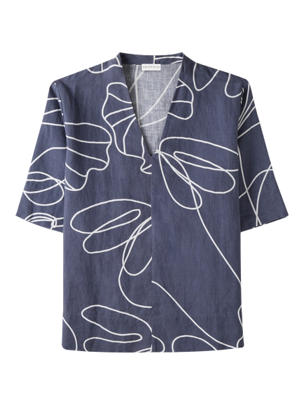 Celtic & Co. Abstract V-Neck Pure Linen Tunic Top, Navy/White - view 2, Navy/White