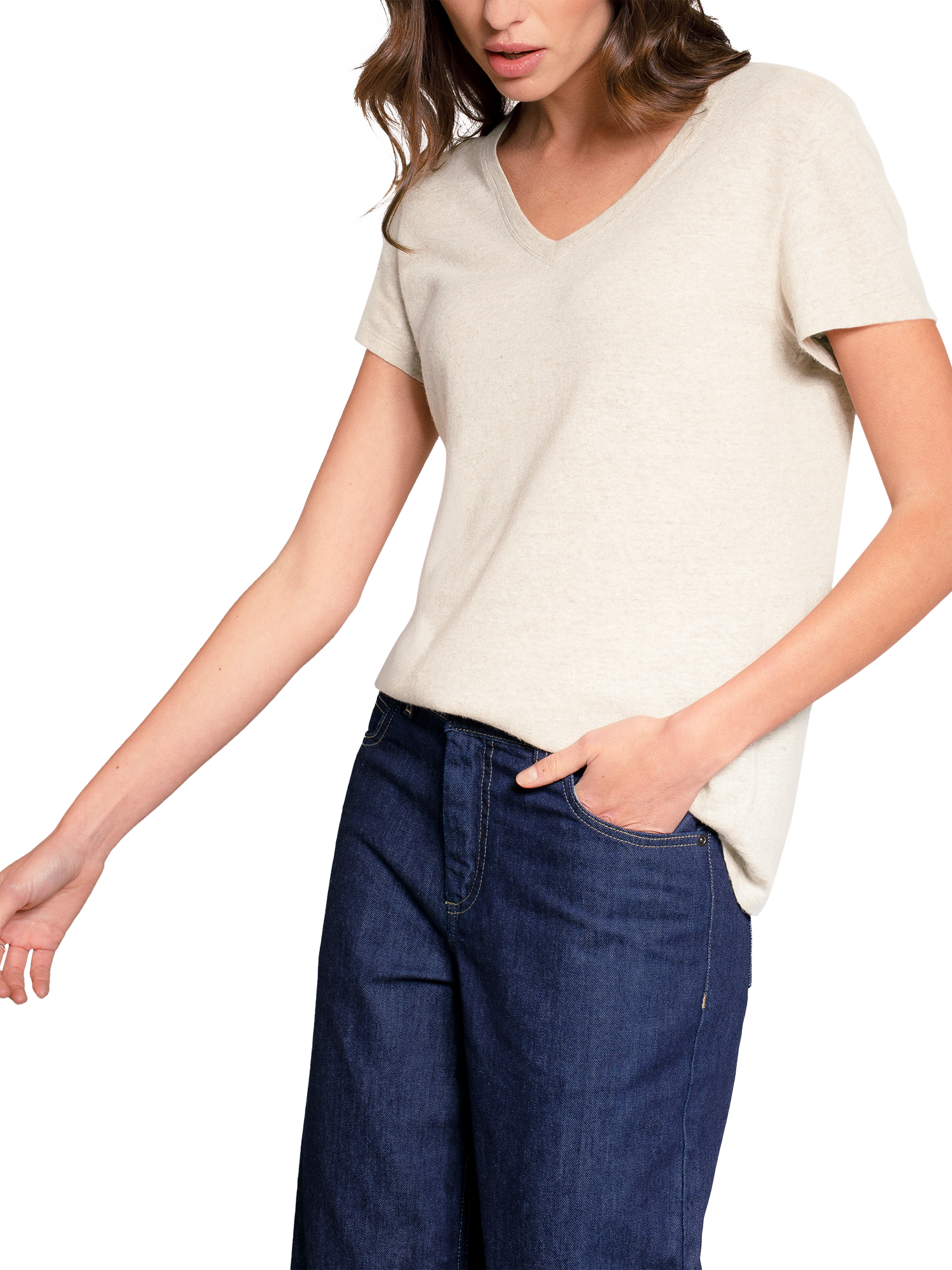 Product image 1 of 8, which shows Celtic & Co. V-Neck Linen Blend T-Shirt, Ecru, 8