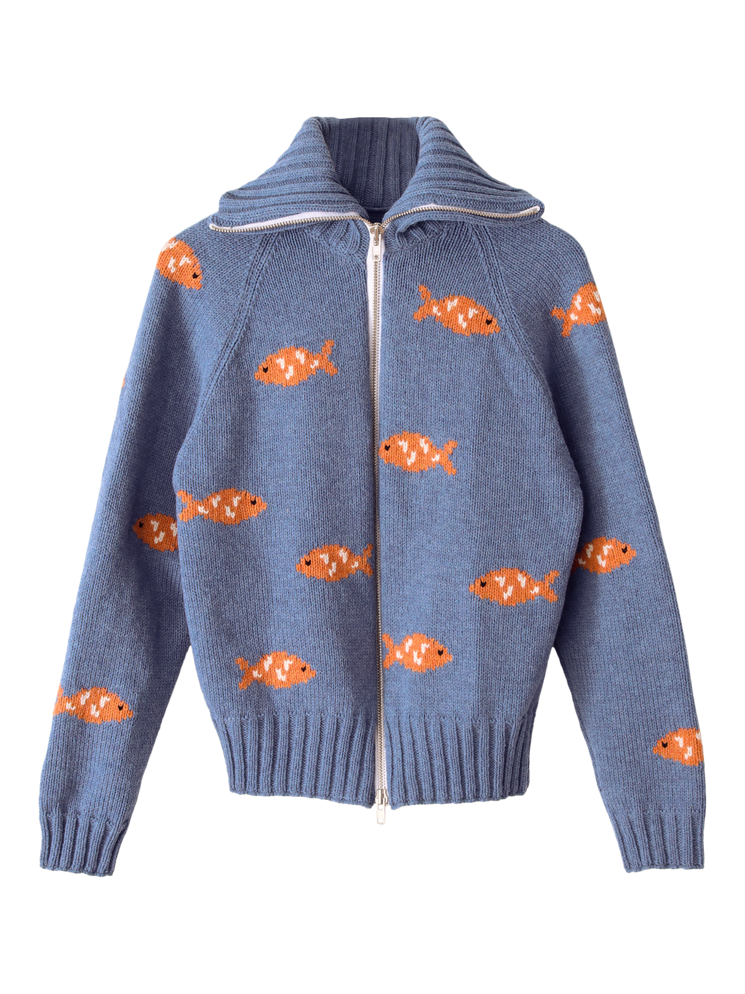 Product image 1 of 3, which shows S.S.DALEY Archie Lambswool Fish Zip-Through Knit, Blue Fish, S
