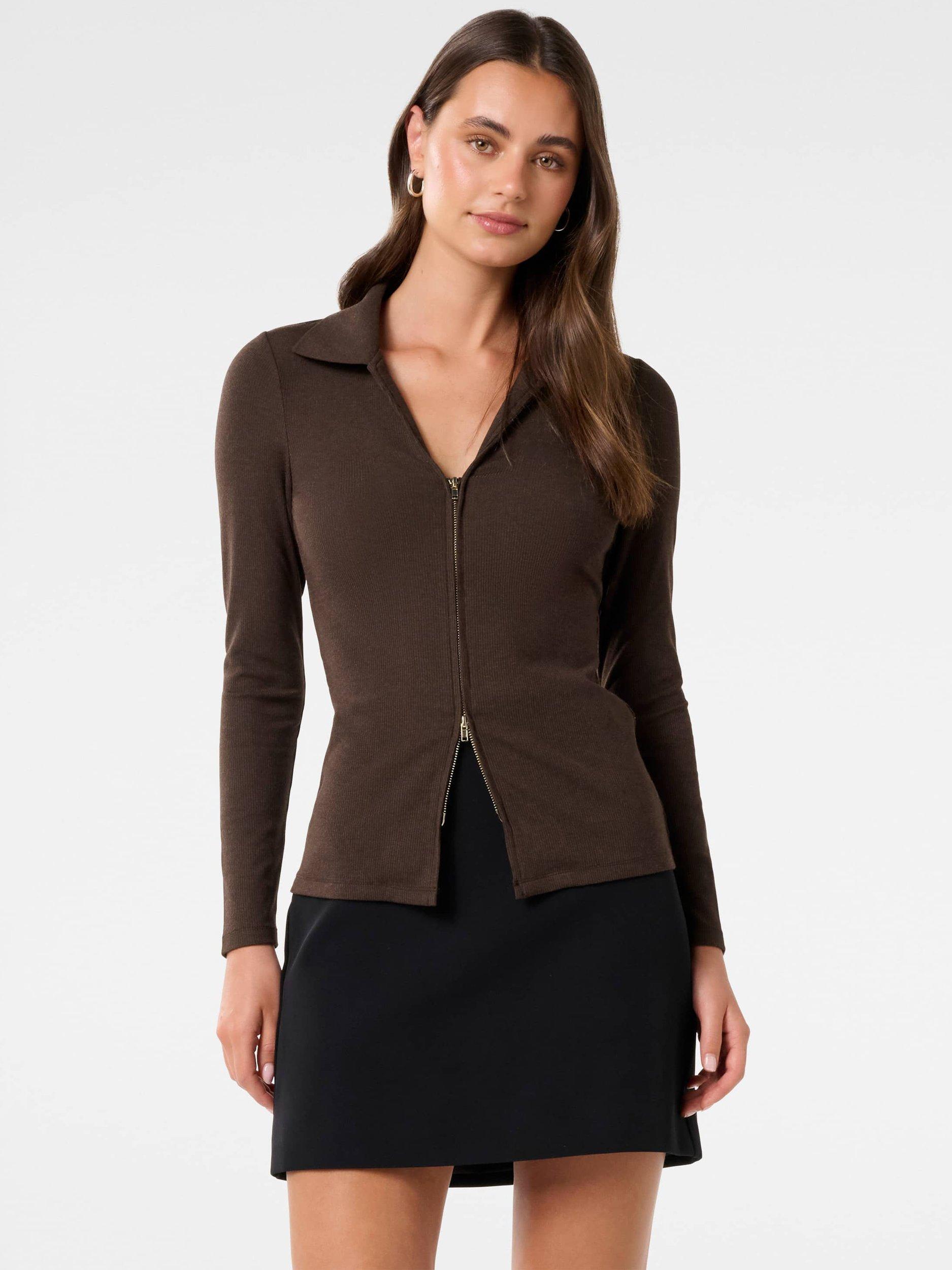 Product image 1 of 5, which shows Forever New Tessa Zip Front Polo Top, Chocolate, L