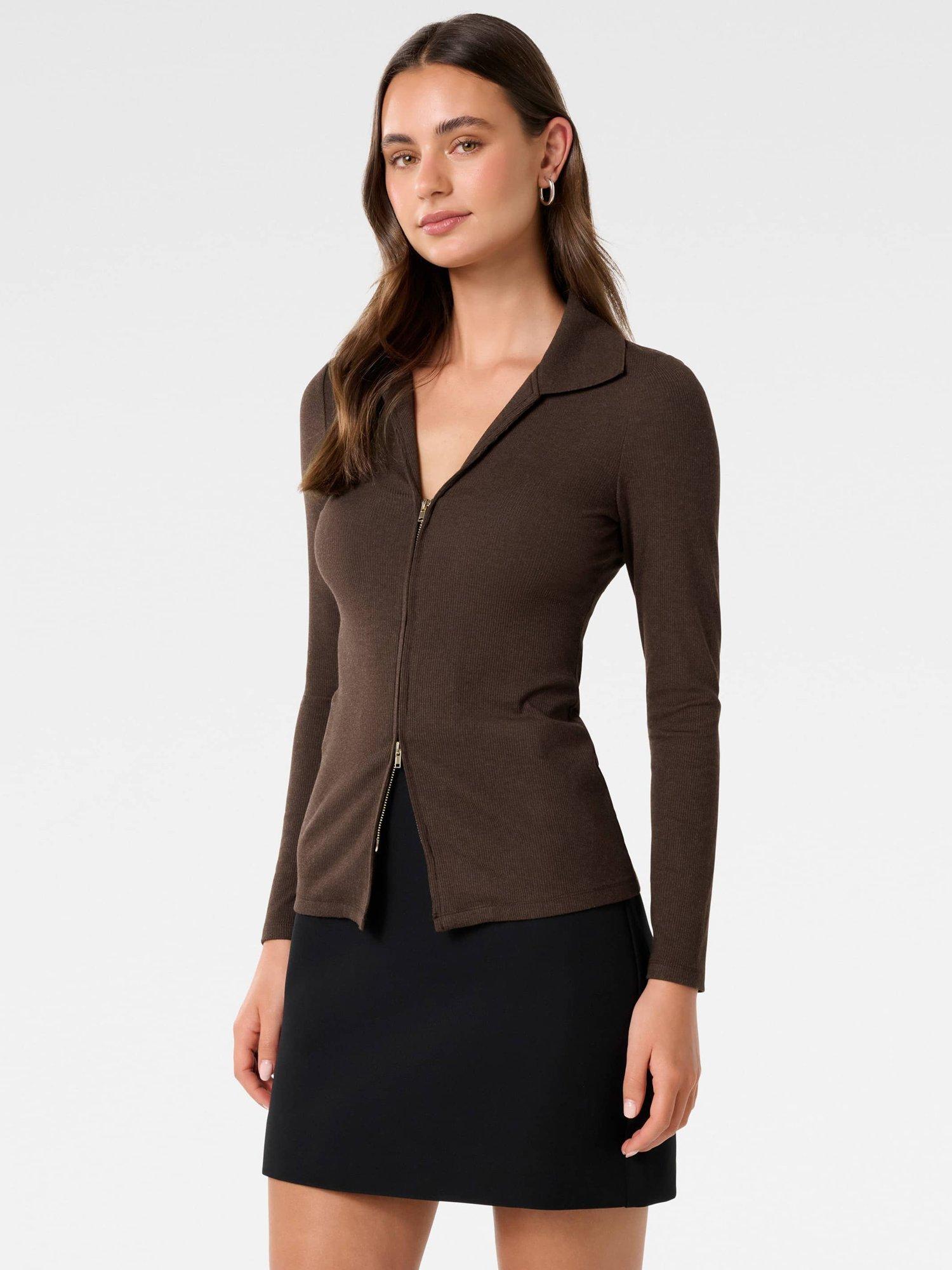 Product image 3 of 5, which shows Forever New Tessa Zip Front Polo Top, Chocolate, L