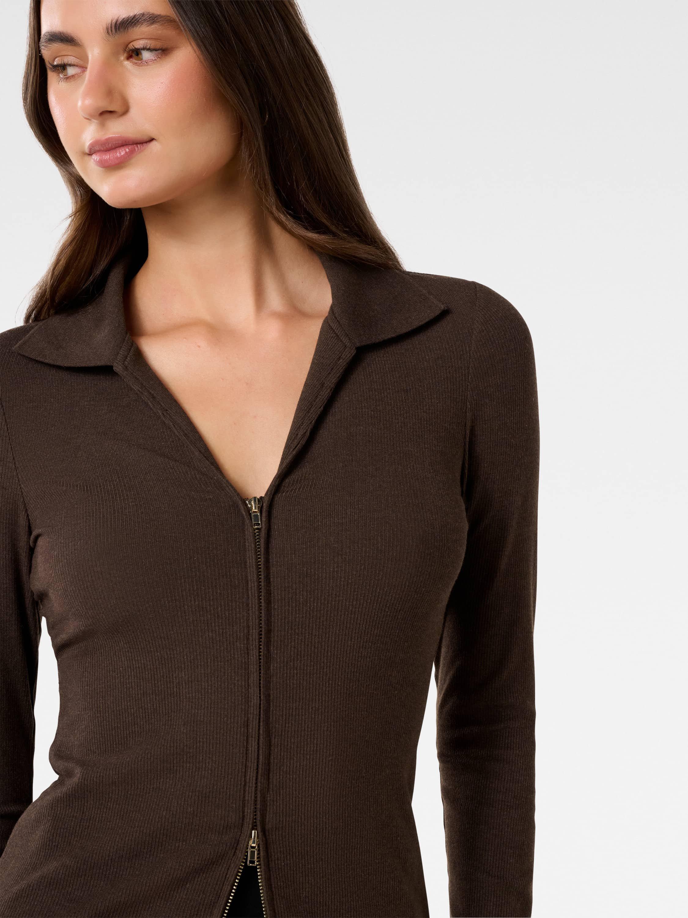Product image 4 of 5, which shows Forever New Tessa Zip Front Polo Top, Chocolate, L