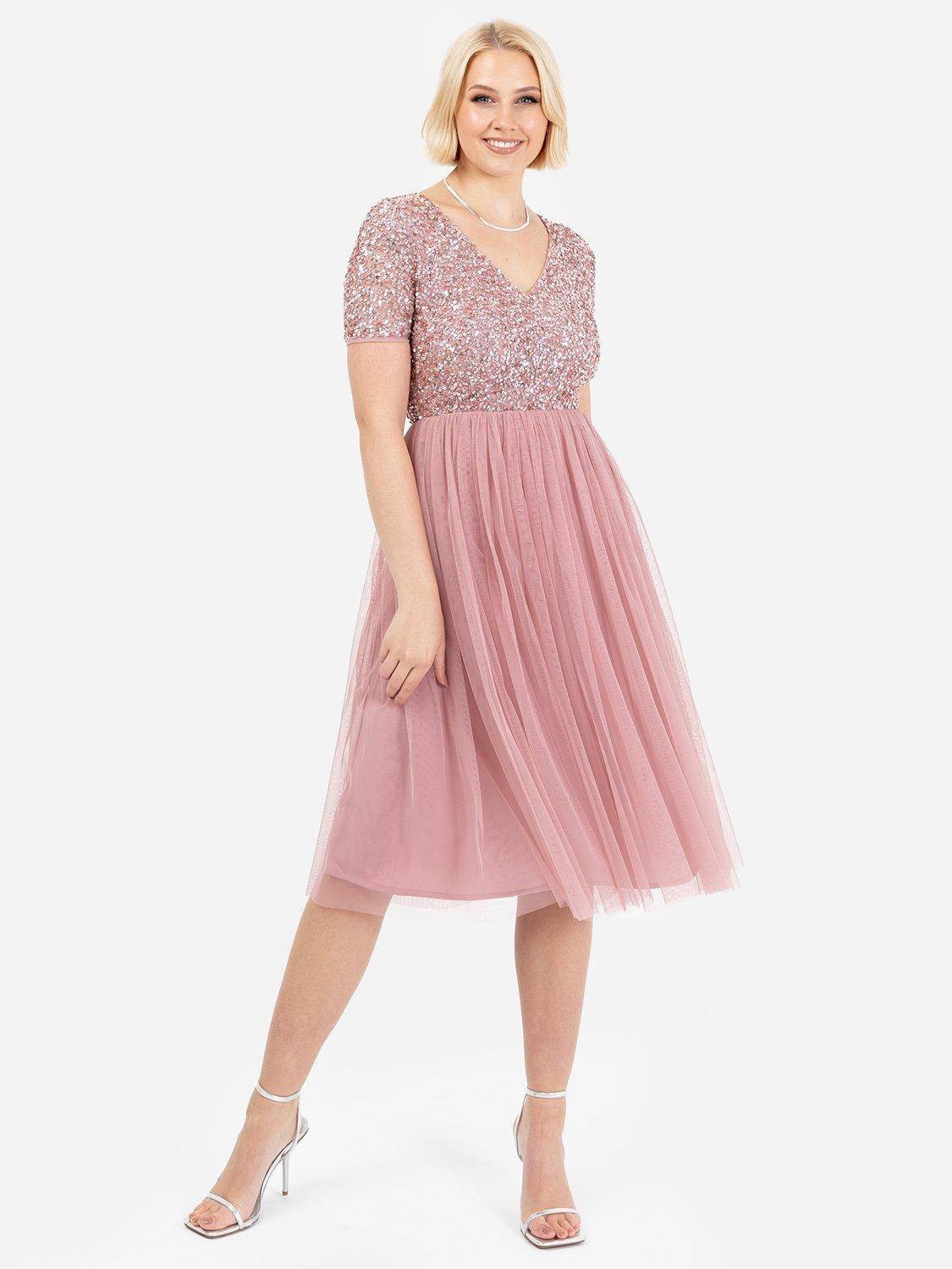 Product image 1 of 5, which shows Maya Deluxe V-Neck Sequin Midi Dress, Vintage Rose, 6