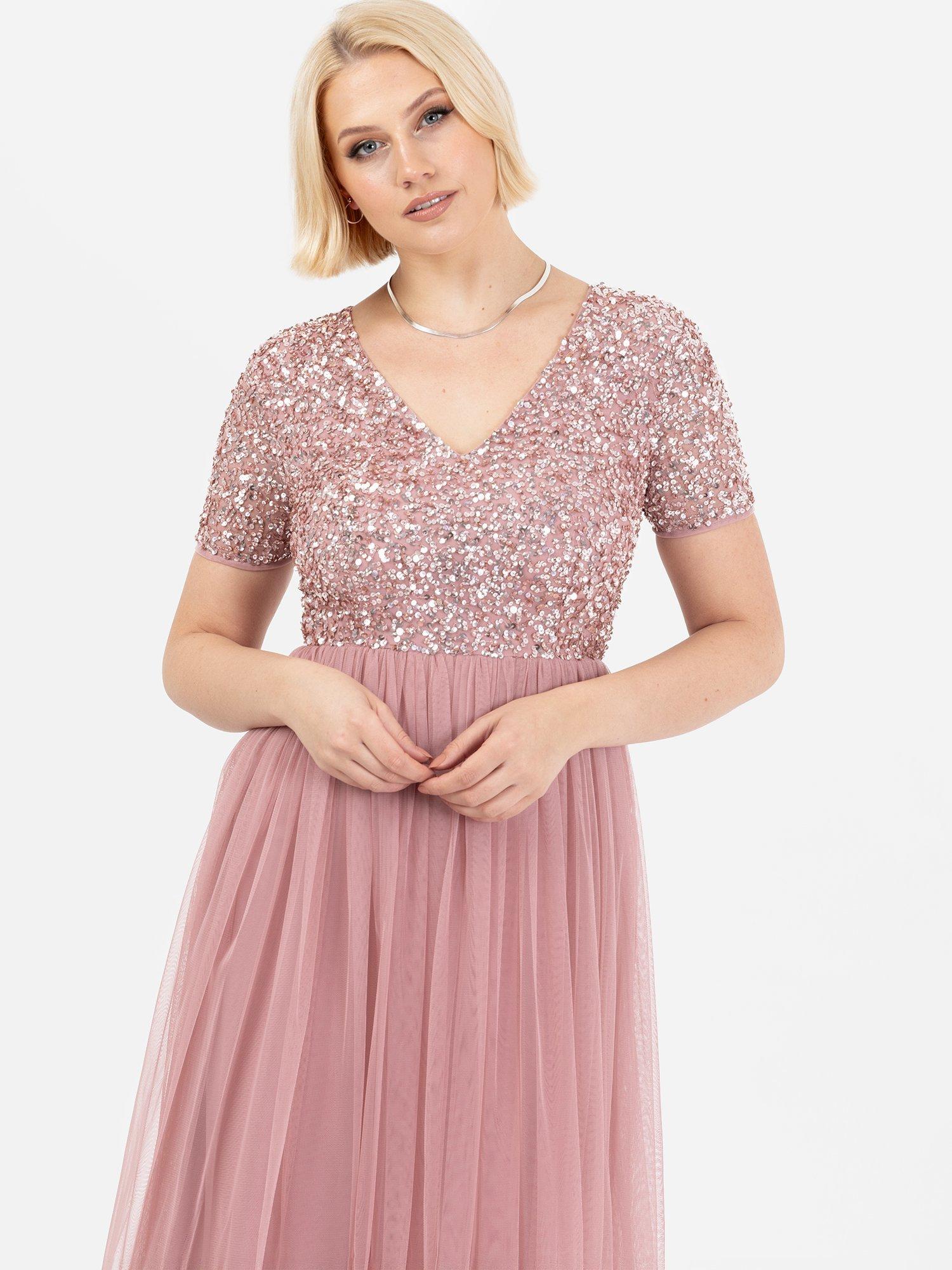 Product image 2 of 5, which shows Maya Deluxe V-Neck Sequin Midi Dress, Vintage Rose, 6