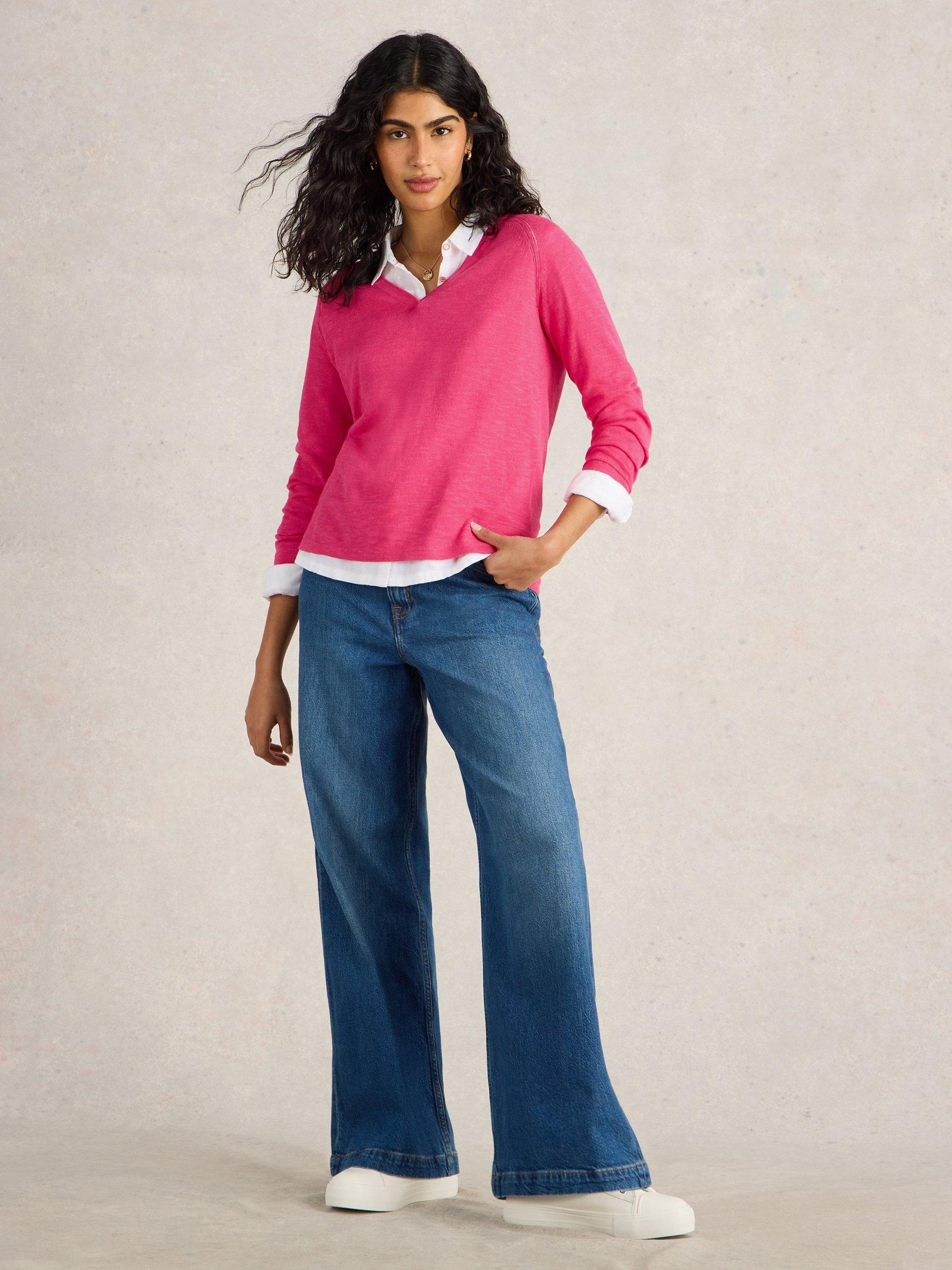 Product image 1 of 6, which shows White Stuff Naria V-Neck Organic Cotton Rich Jumper, Bright Pink, 8