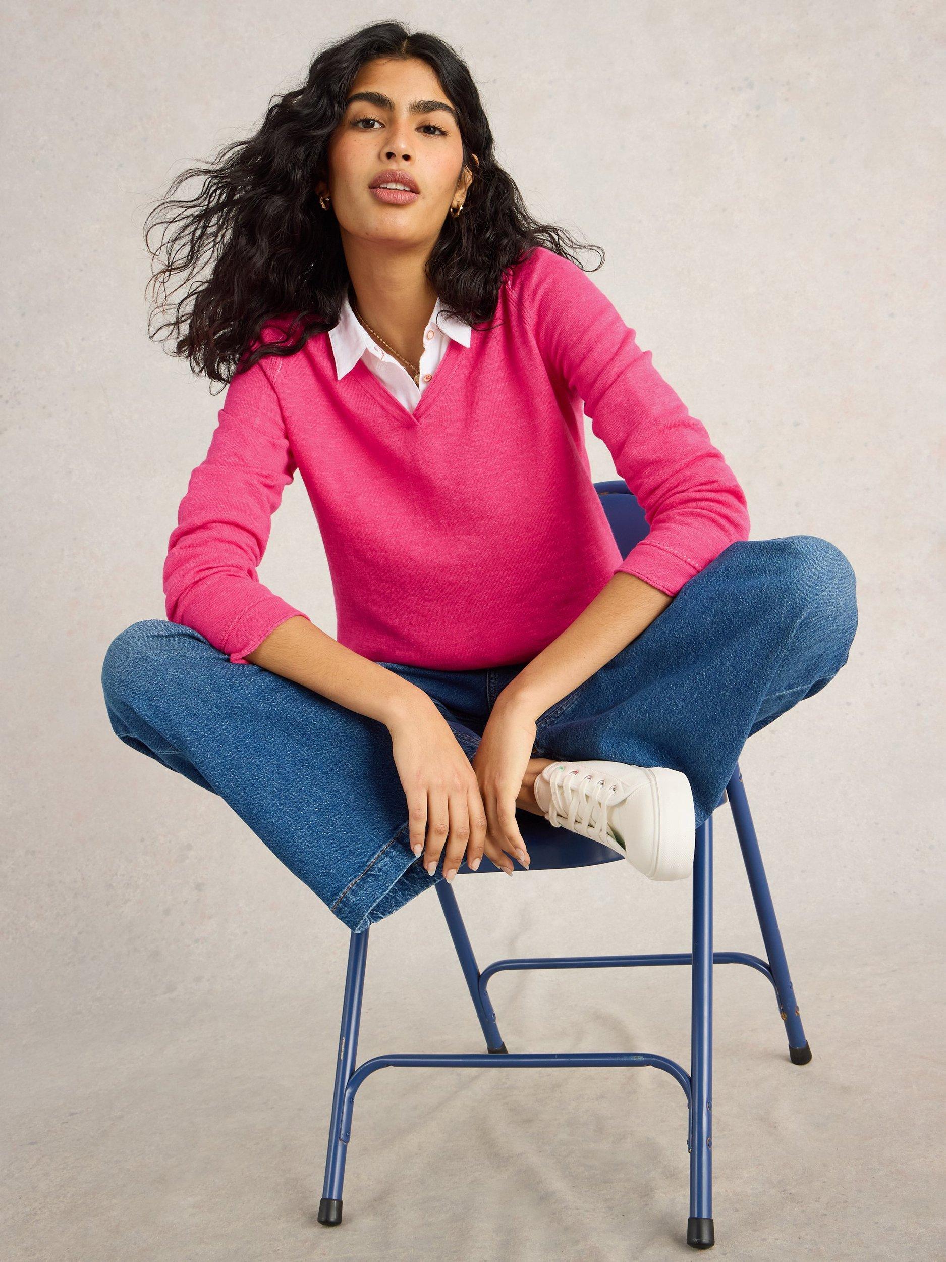 Product image 4 of 6, which shows White Stuff Naria V-Neck Organic Cotton Rich Jumper, Bright Pink, 8