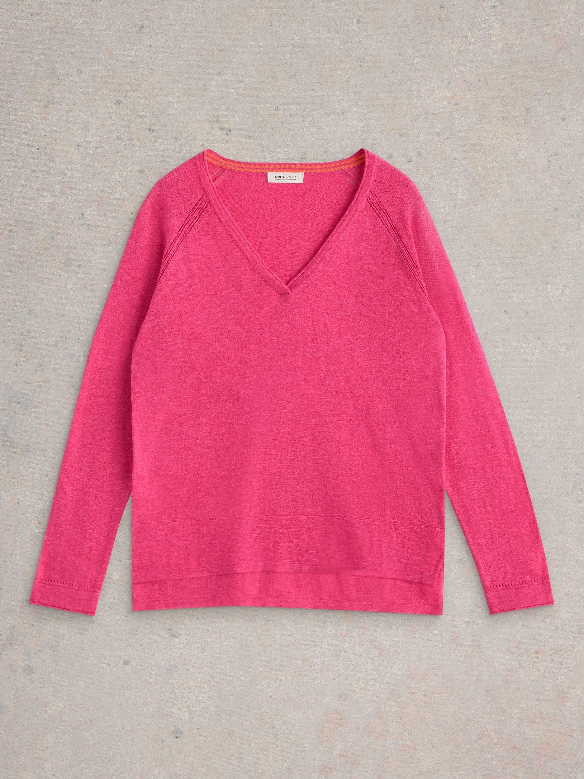 Product image 5 of 6, which shows White Stuff Naria V-Neck Organic Cotton Rich Jumper, Bright Pink, 8