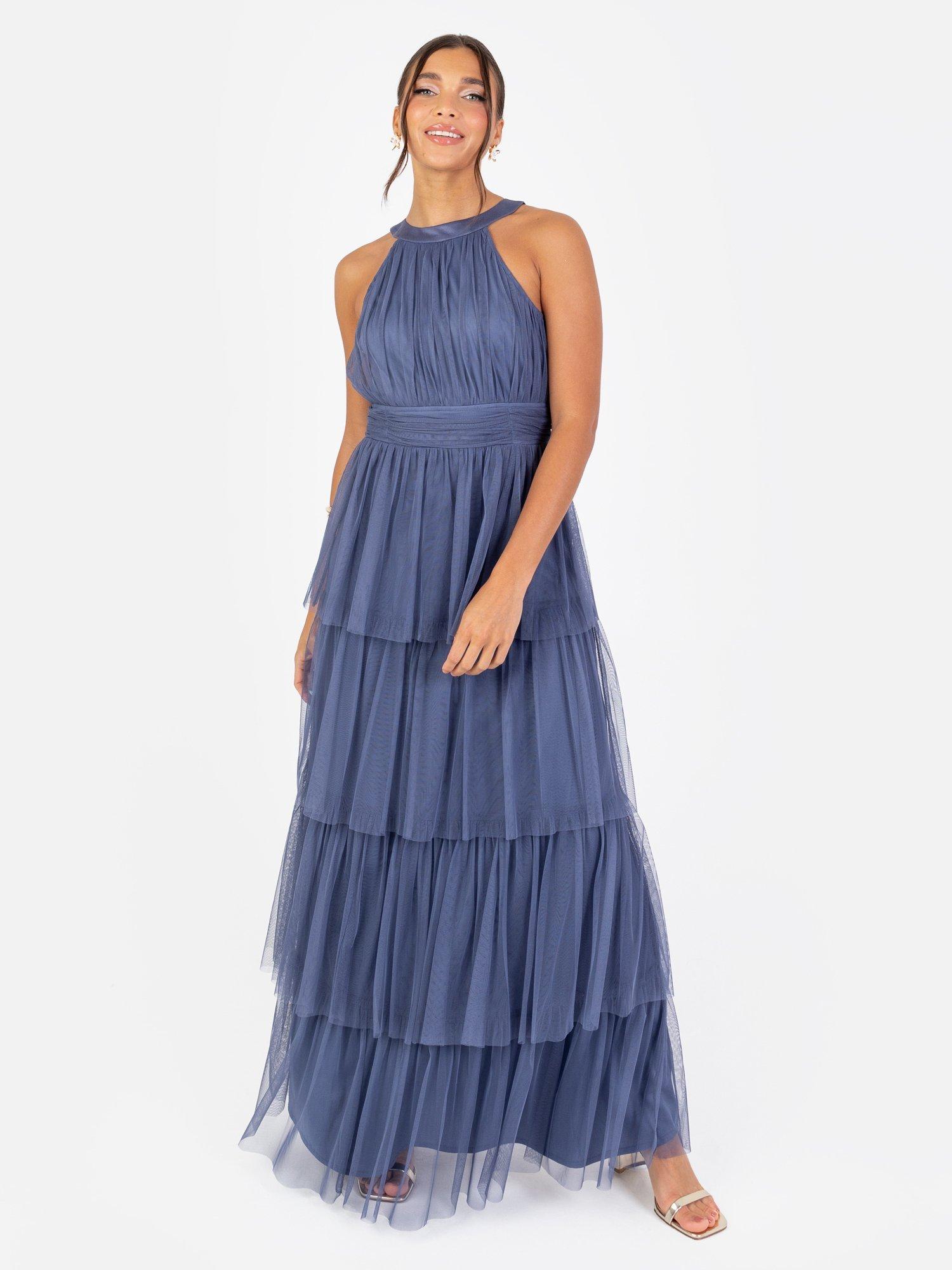 Product image 1 of 5, which shows Anaya With Love Tiered Tulle Maxi Dress, Indigo Blue, 6