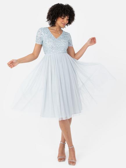 Maya Deluxe V-Neck Sequin Midi Dress, Ice Blue