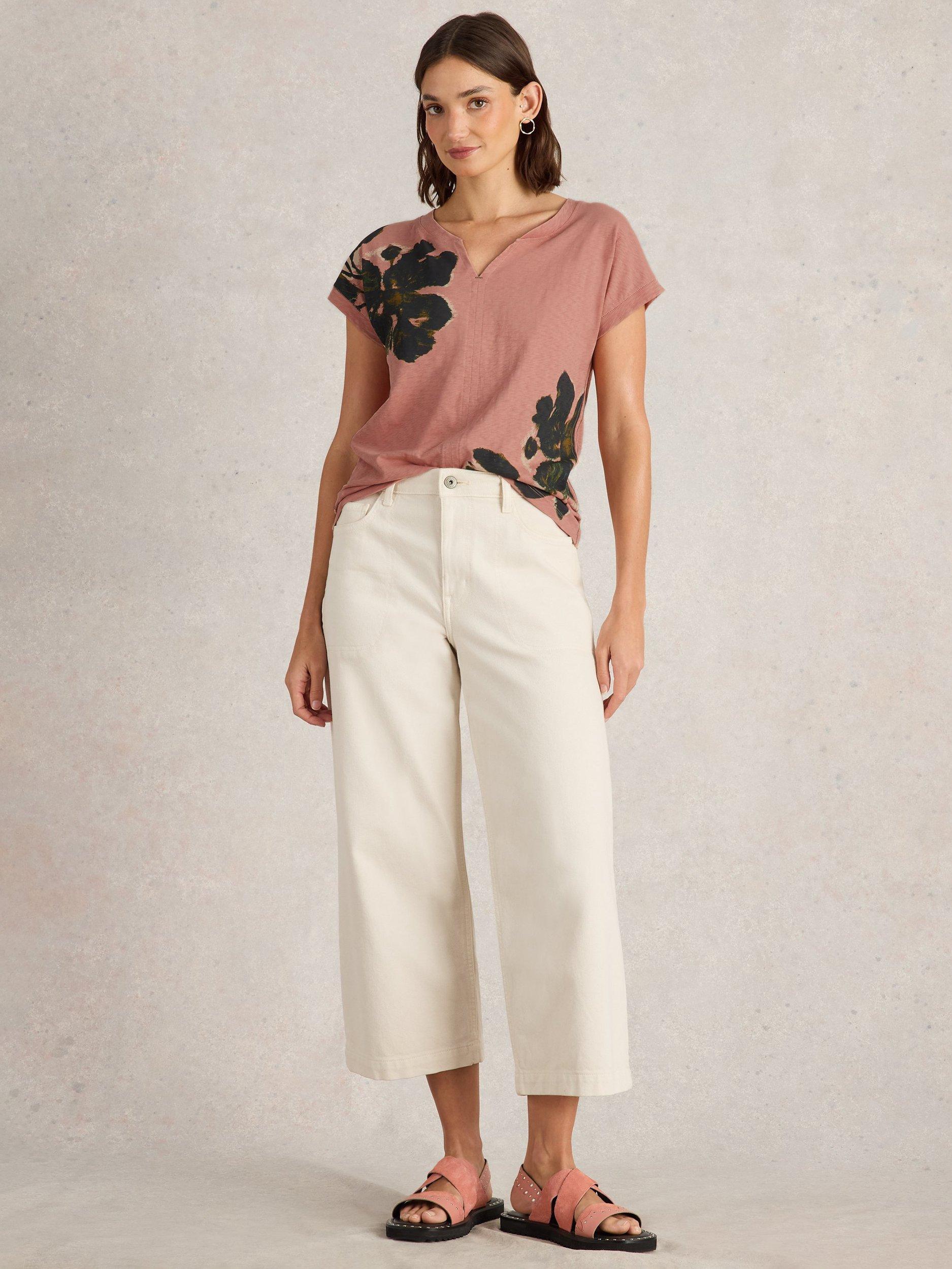 White Stuff Nelly Flowers Notch Neck T-Shirt, Mid Pink