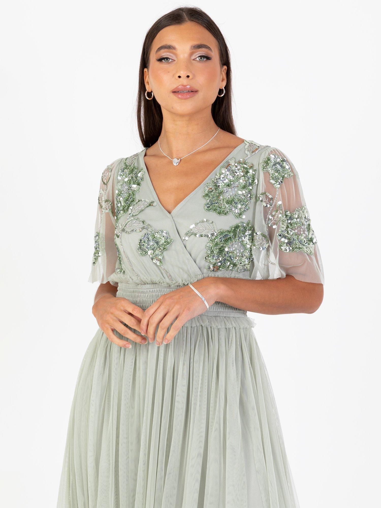 Product image 2 of 5, which shows Maya Deluxe Shirred Waist Embellished Maxi Dress, Green Lily, 6