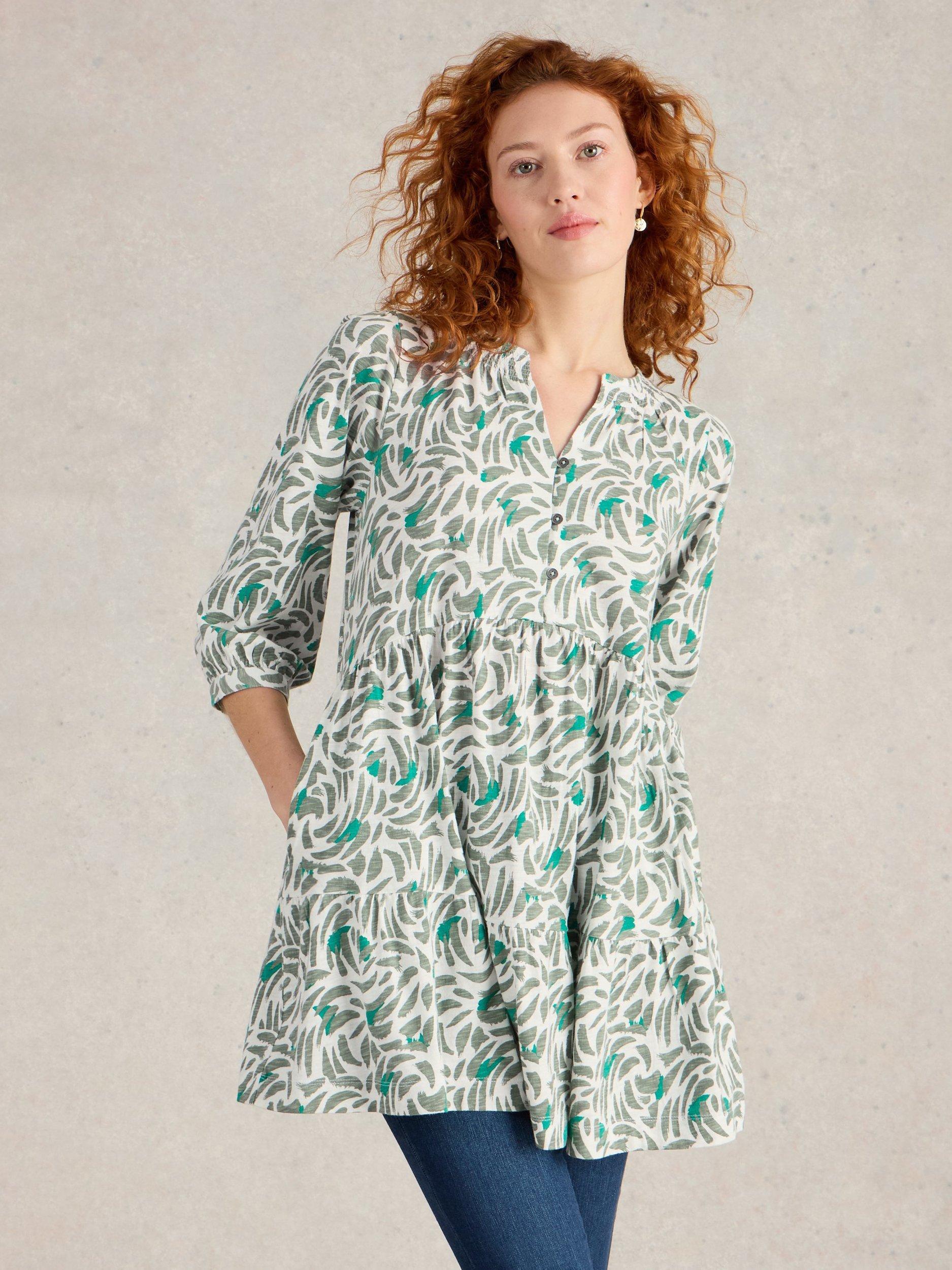Product image 3 of 6, which shows White Stuff Marlie Button Tunic Dress, Green/Multi, 6