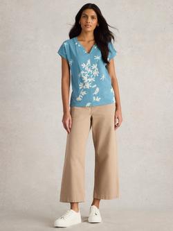 White Stuff Nelly Floral Notch Neck T-Shirt, Blue/Multi, Blue/Multi