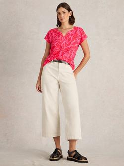 White Stuff Nelly Leaves Notch Neck T-Shirt, Pink, Pink