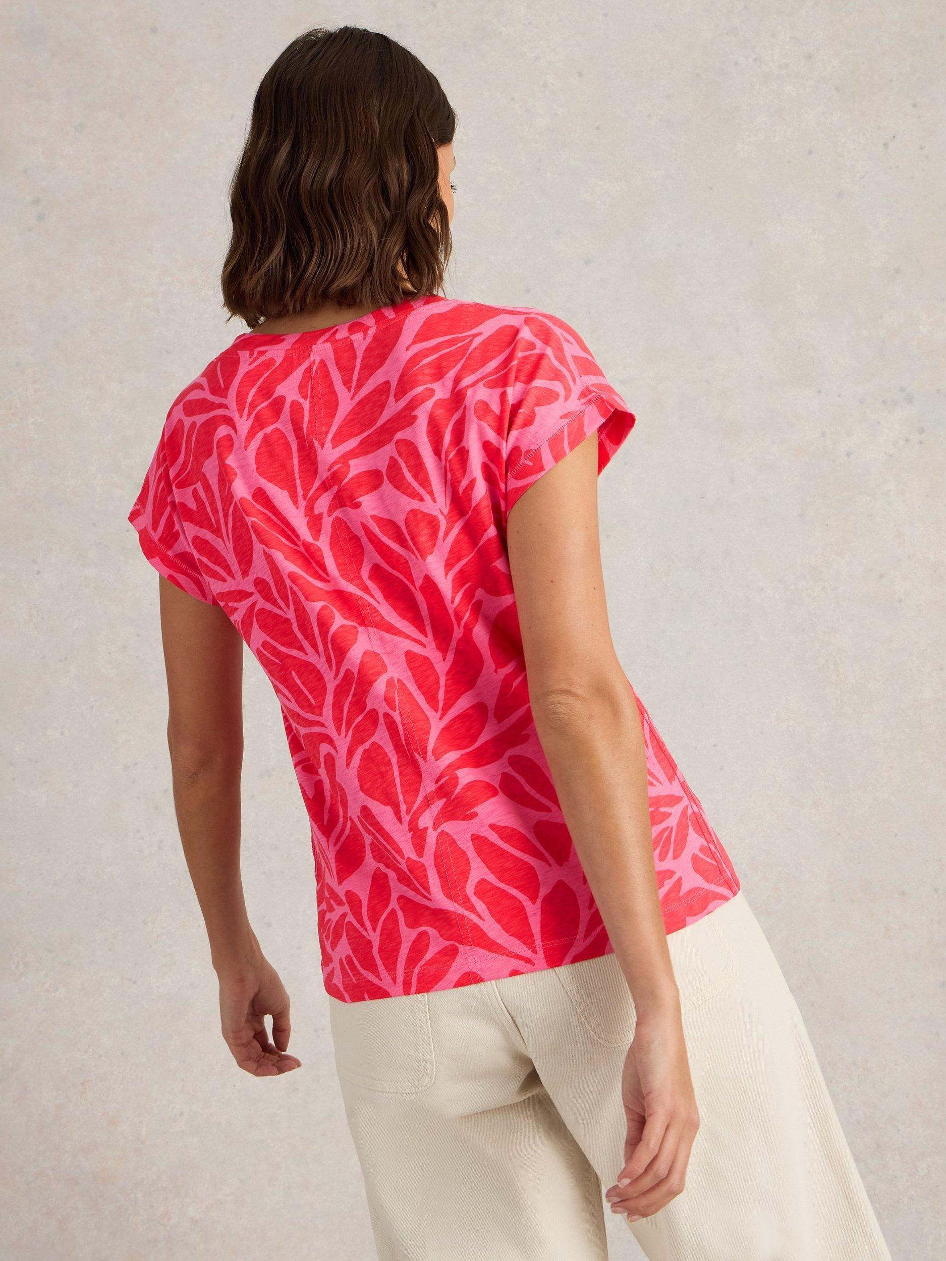 Product image 2 of 6, which shows White Stuff Nelly Leaves Notch Neck T-Shirt, Pink, 6
