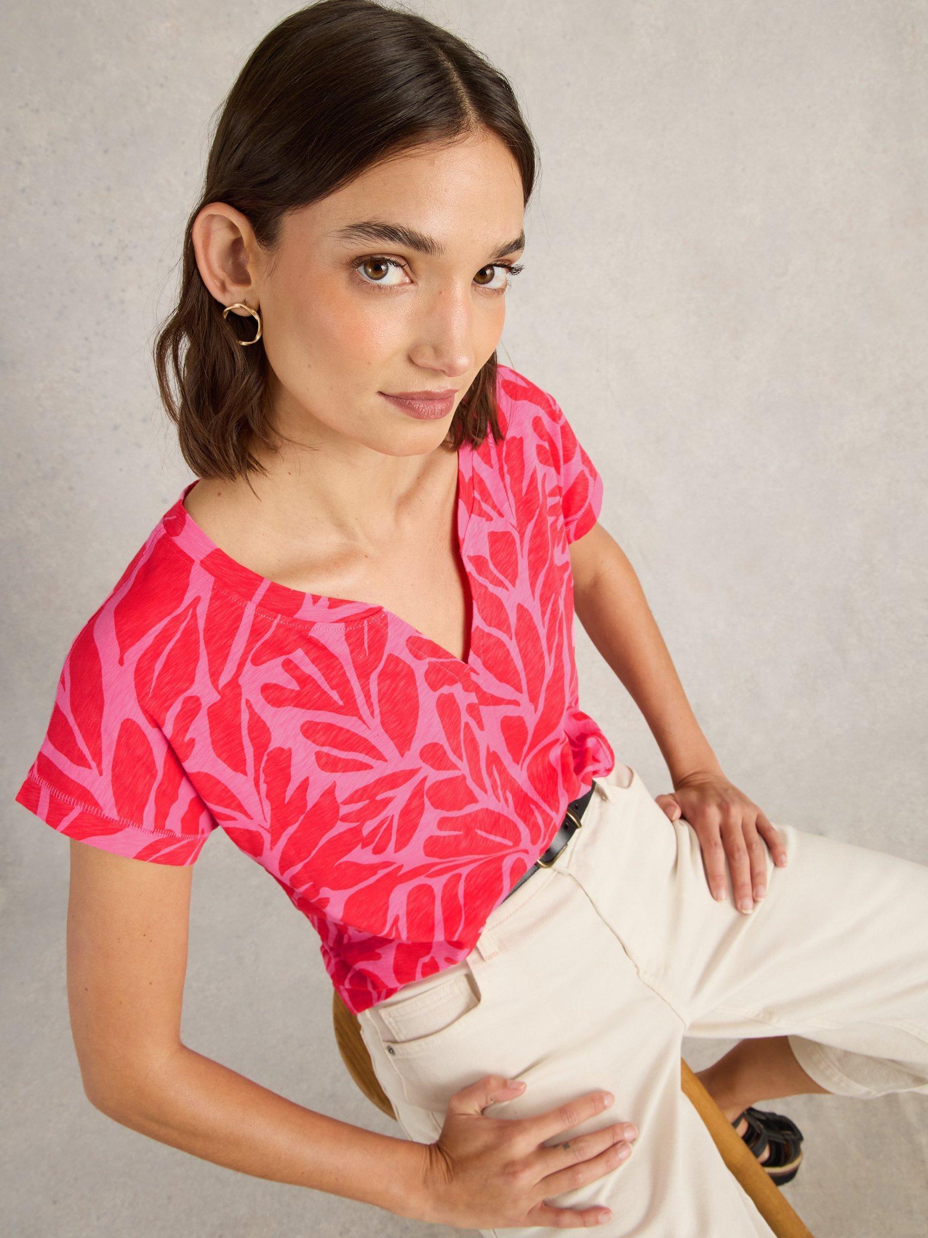 Product image 4 of 6, which shows White Stuff Nelly Leaves Notch Neck T-Shirt, Pink, 6