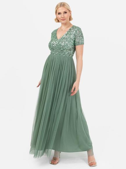 Maya Deluxe V-Neck Sequin Maxi Dress, Deep Mint