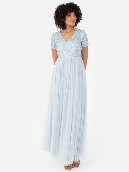 Maya Deluxe V-Neck Sequin Maxi Dress, Ice Blue