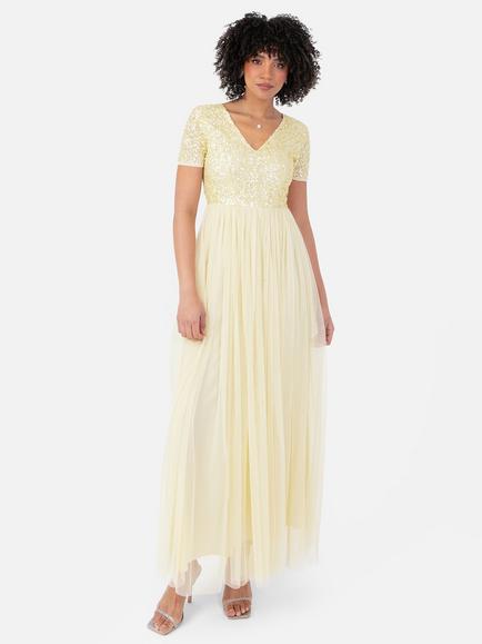 Maya Deluxe V-Neck Sequin Maxi Dress, Lemon