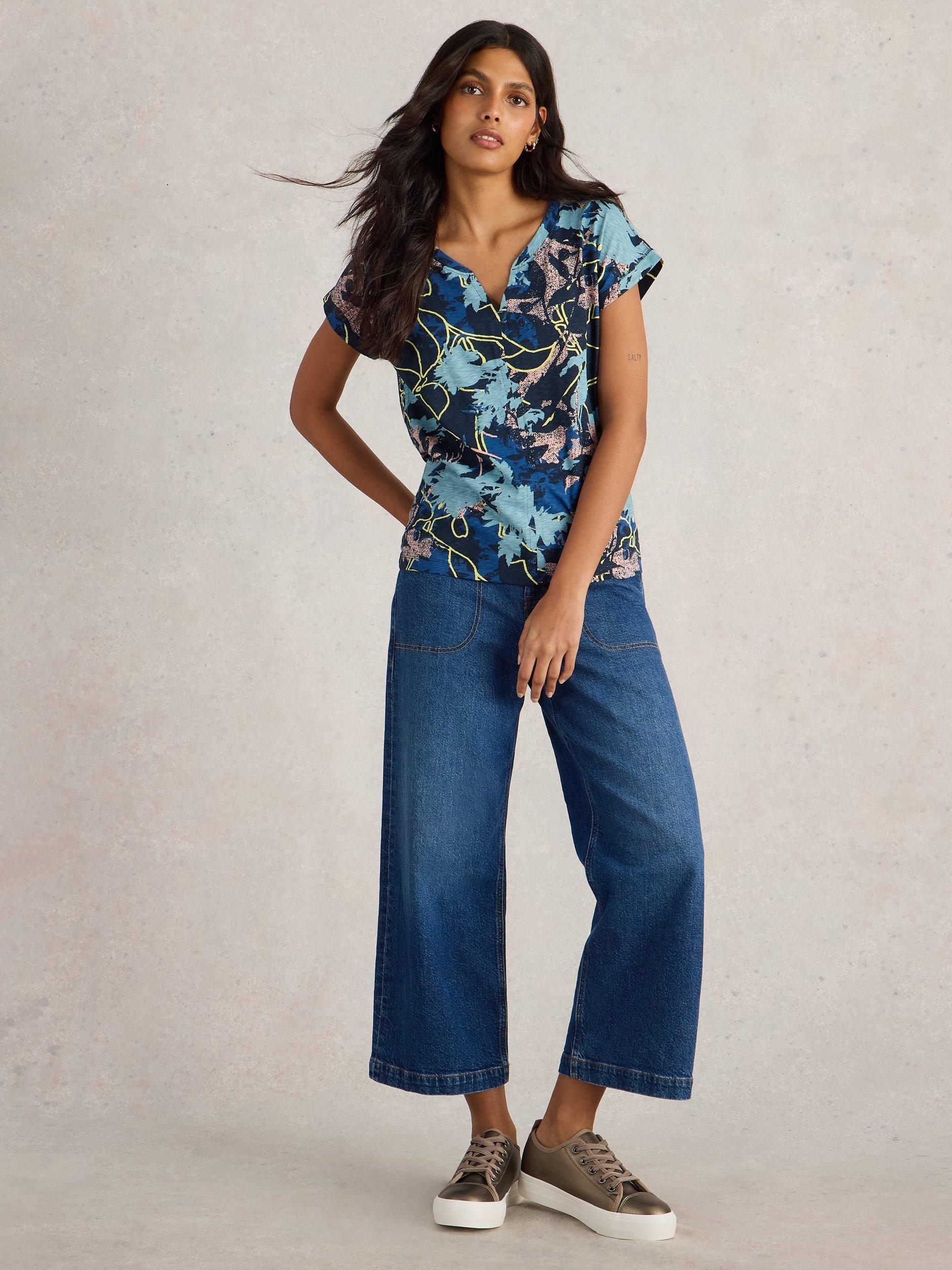 White Stuff Nelly Abstract Leaves Notch Neck T-Shirt, Navy/Multi
