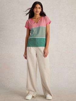 White Stuff Nelly Stripe Notch Neck T-Shirt, Pink/Multi, Pink/Multi