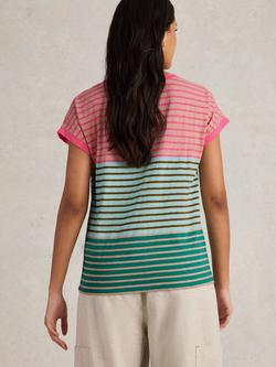 White Stuff Nelly Stripe Notch Neck T-Shirt, Pink/Multi - view 2, Pink/Multi