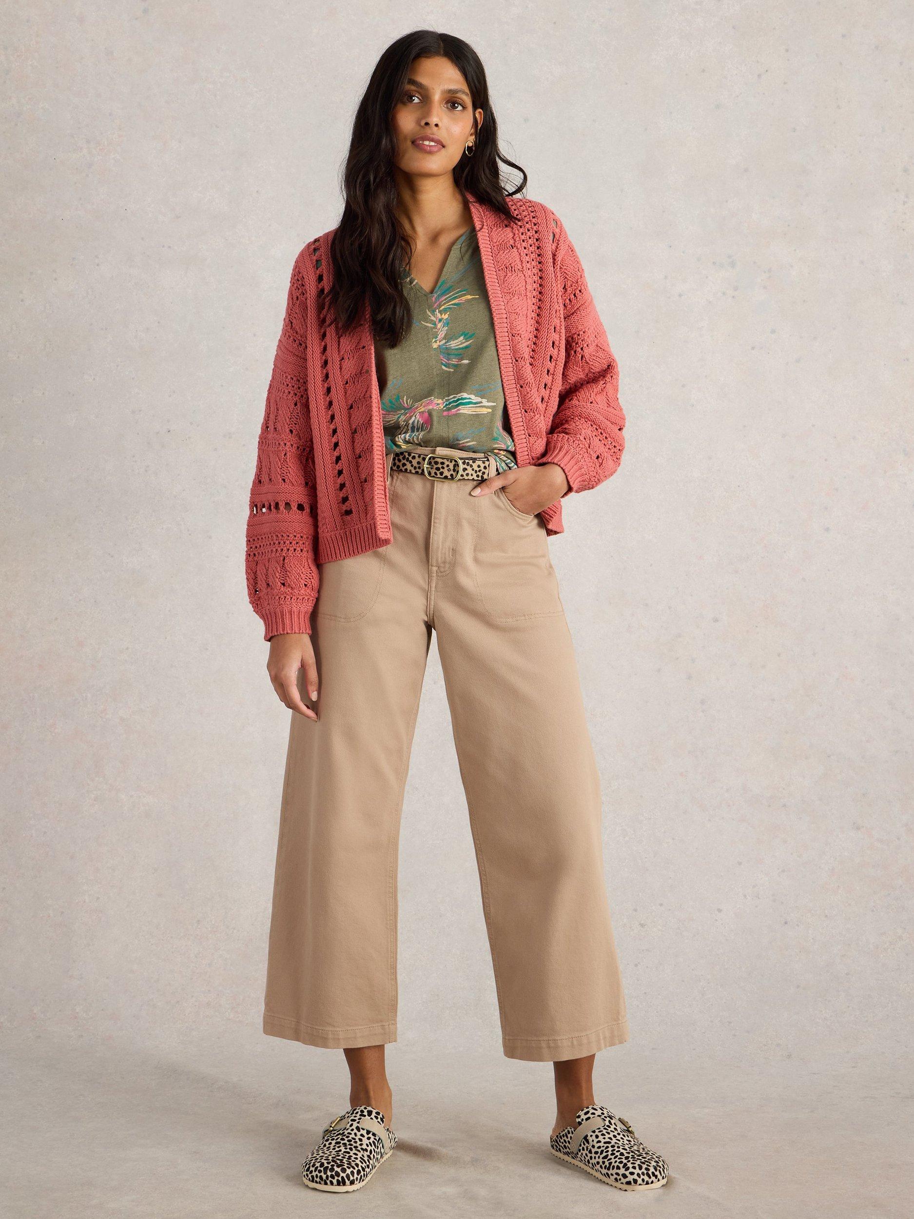 Product image 1 of 6, which shows White Stuff Casey Crochet Organic Cotton Rich Cardigan, Mid Coral, S