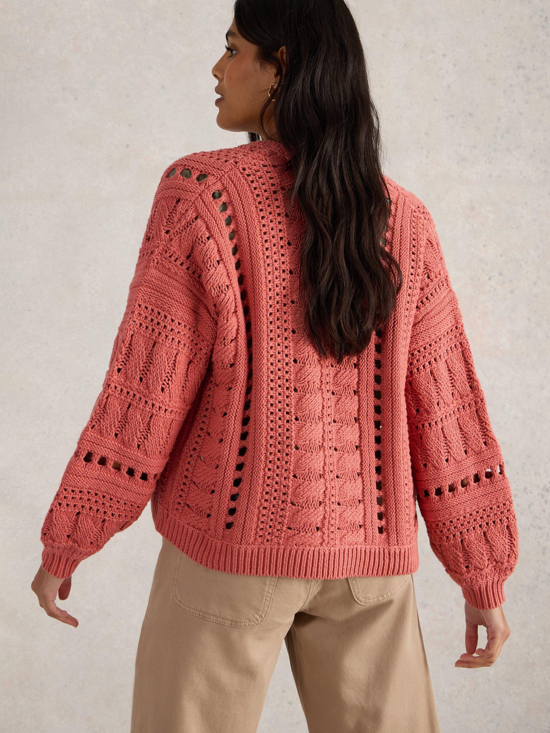 Product image 2 of 6, which shows White Stuff Casey Crochet Organic Cotton Rich Cardigan, Mid Coral, S