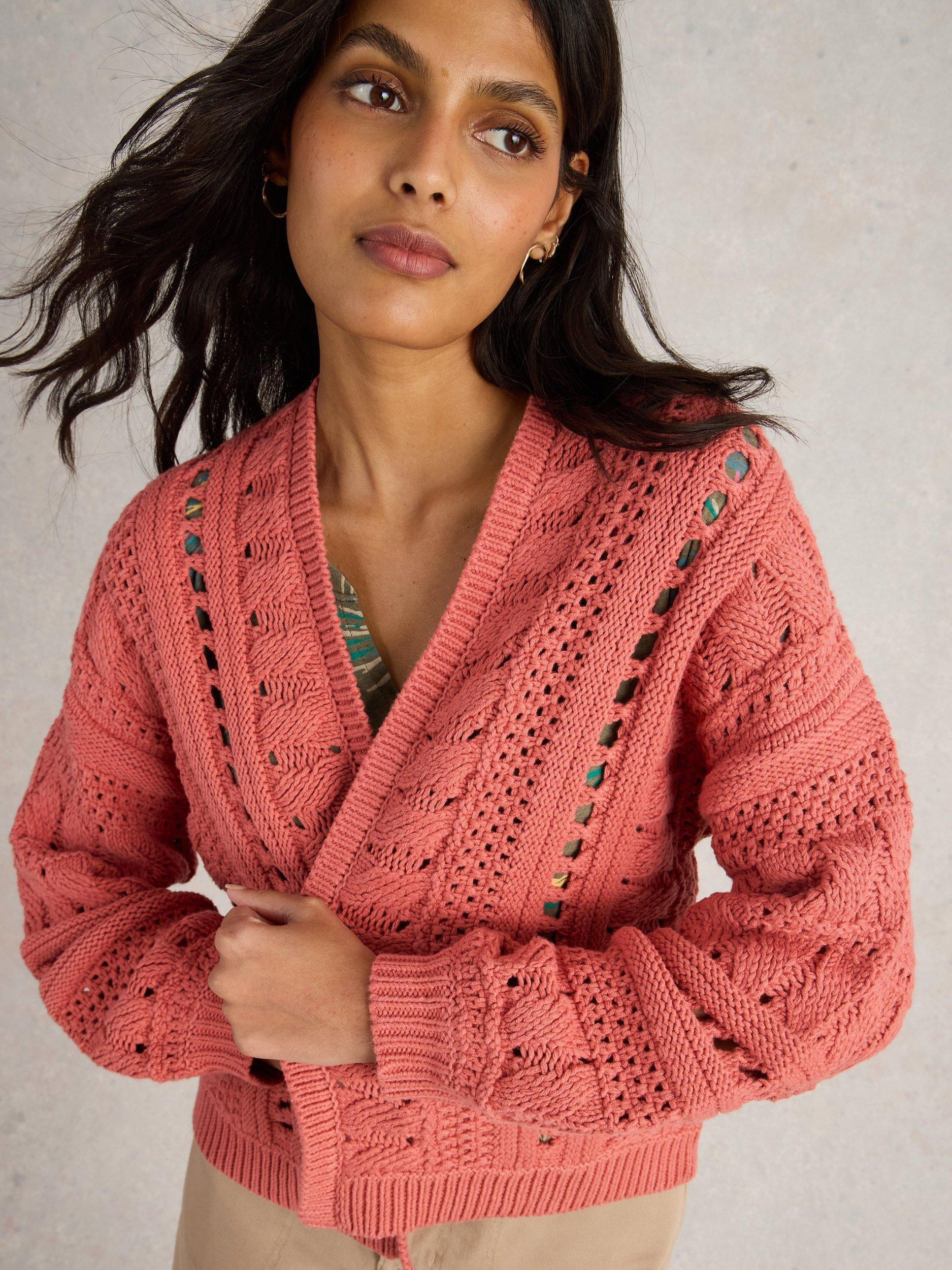 Product image 3 of 6, which shows White Stuff Casey Crochet Organic Cotton Rich Cardigan, Mid Coral, S