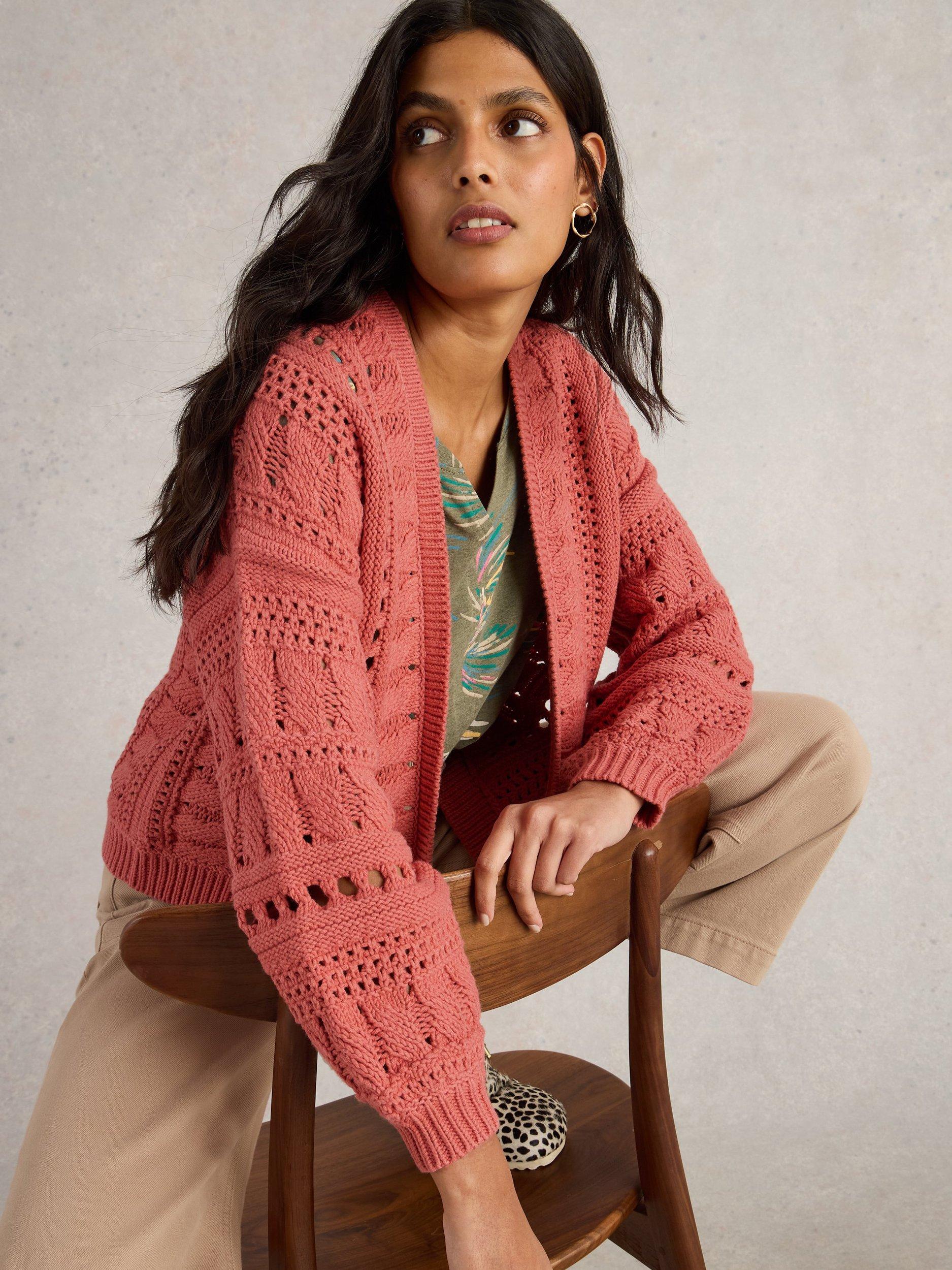 Product image 4 of 6, which shows White Stuff Casey Crochet Organic Cotton Rich Cardigan, Mid Coral, S