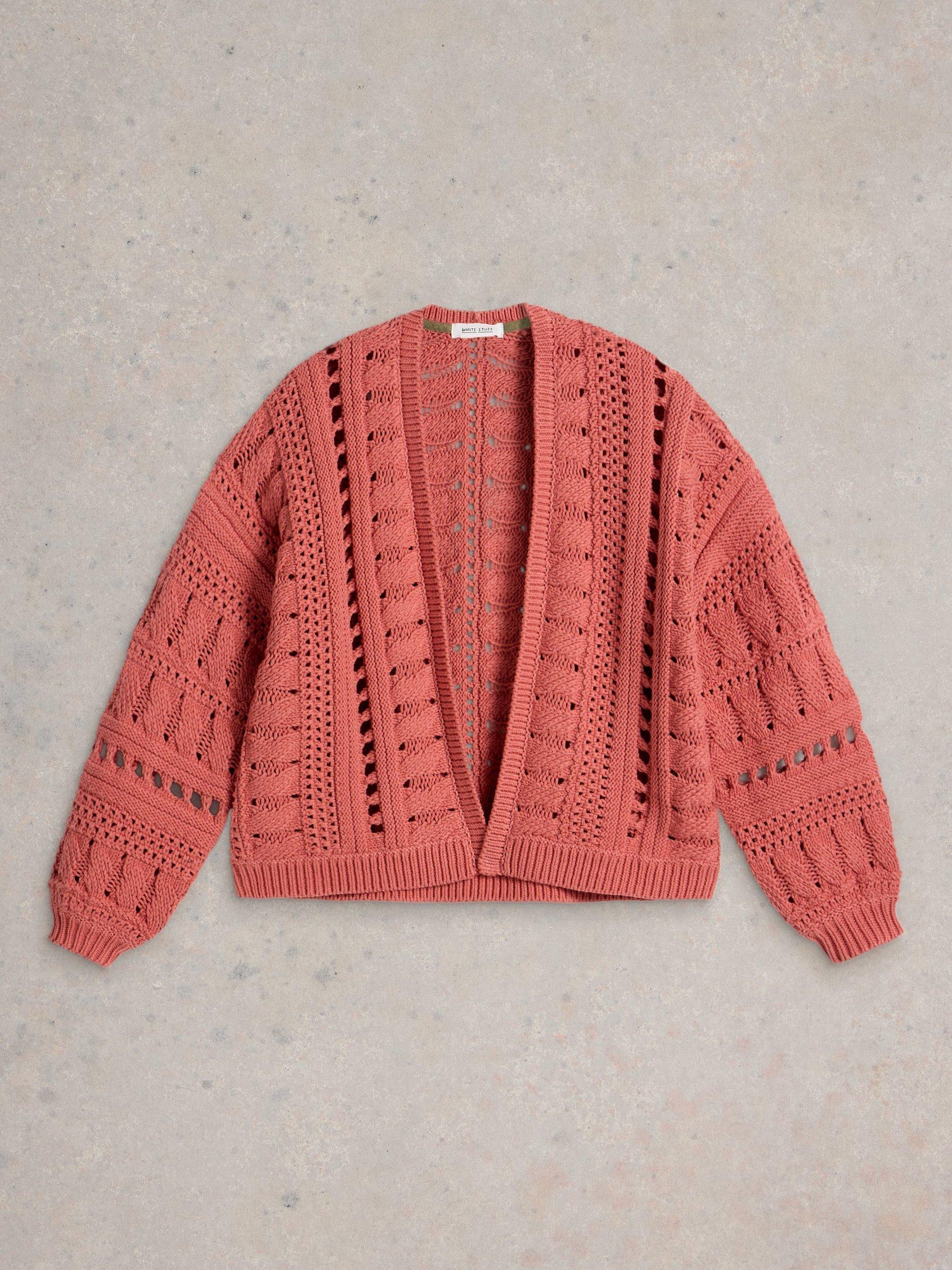 Product image 5 of 6, which shows White Stuff Casey Crochet Organic Cotton Rich Cardigan, Mid Coral, S