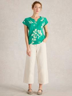 White Stuff Nelly Floral Notch Neck T-Shirt, Green/Multi, Green/Multi
