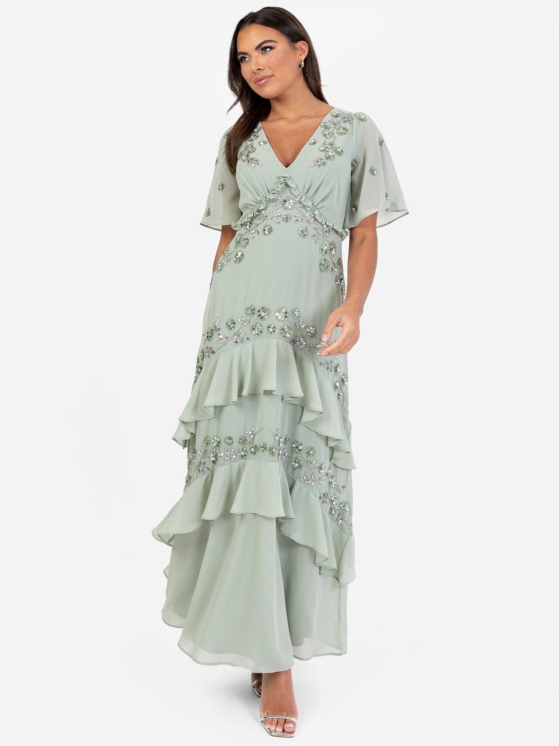 Product image 1 of 5, which shows Maya Deluxe Angel Sleeve V-Neck Tiered Maxi, Green Lily/Silver, 6