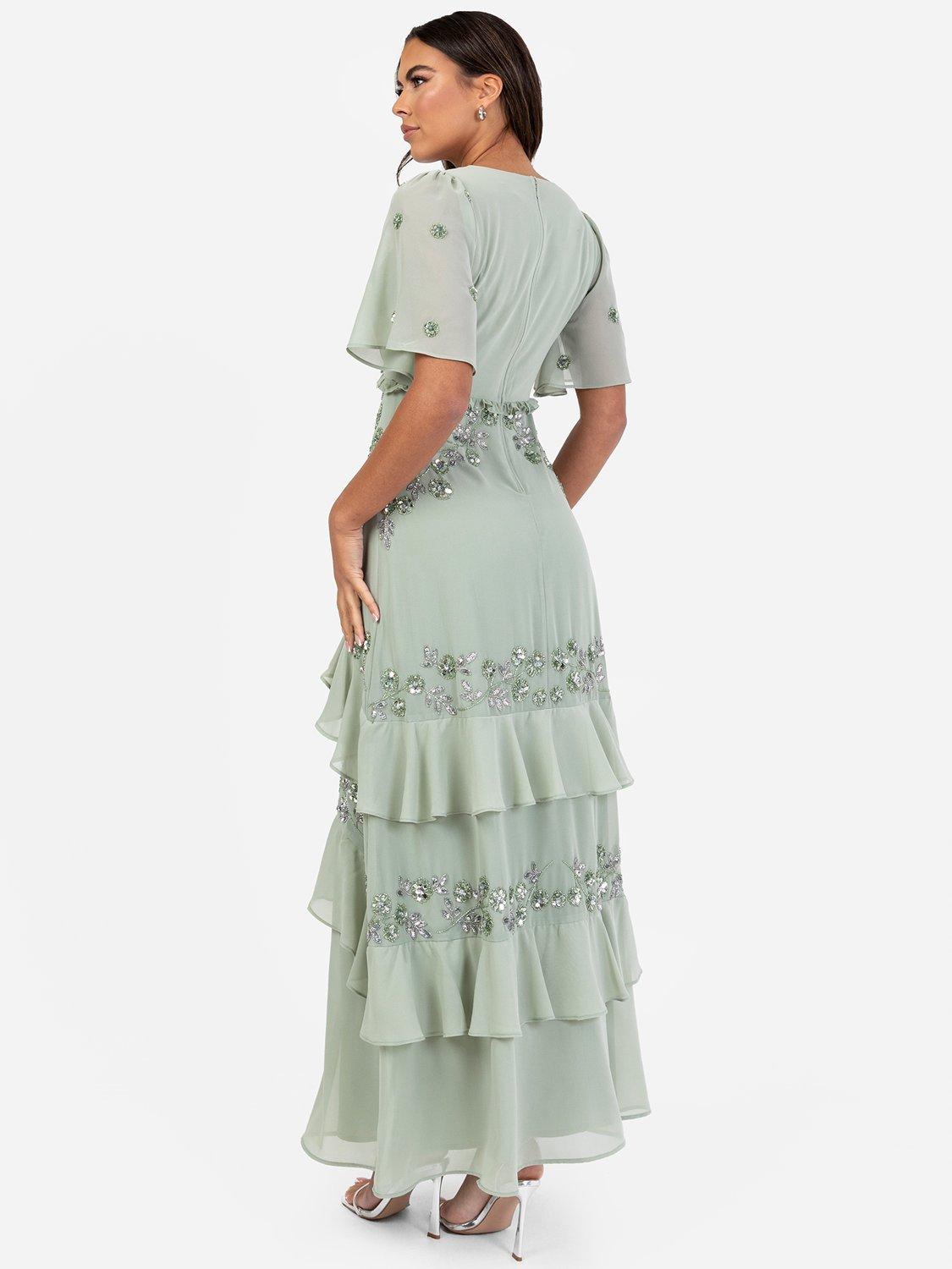 Product image 2 of 5, which shows Maya Deluxe Angel Sleeve V-Neck Tiered Maxi, Green Lily/Silver, 6