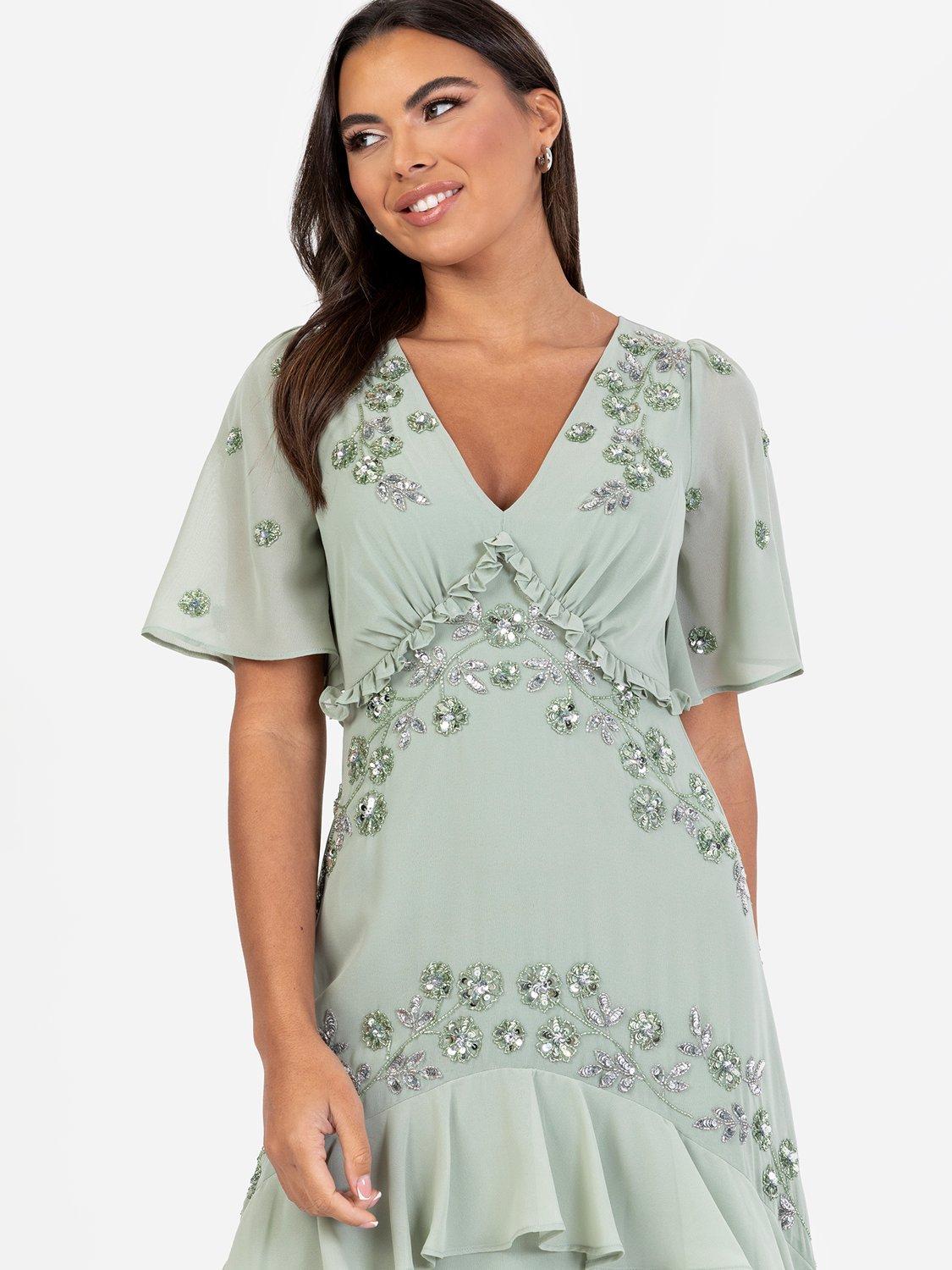 Product image 3 of 5, which shows Maya Deluxe Angel Sleeve V-Neck Tiered Maxi, Green Lily/Silver, 6