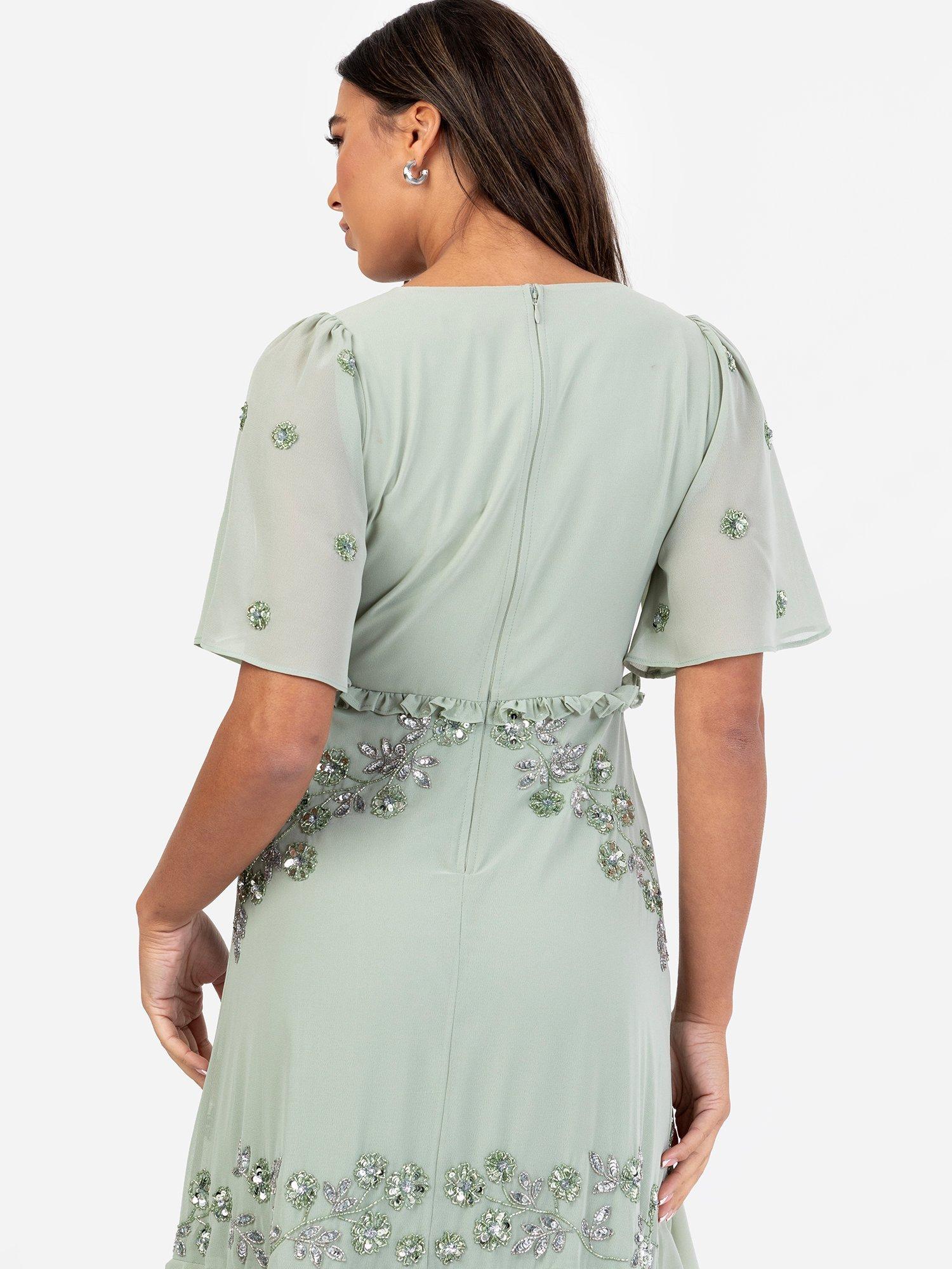 Product image 4 of 5, which shows Maya Deluxe Angel Sleeve V-Neck Tiered Maxi, Green Lily/Silver, 6