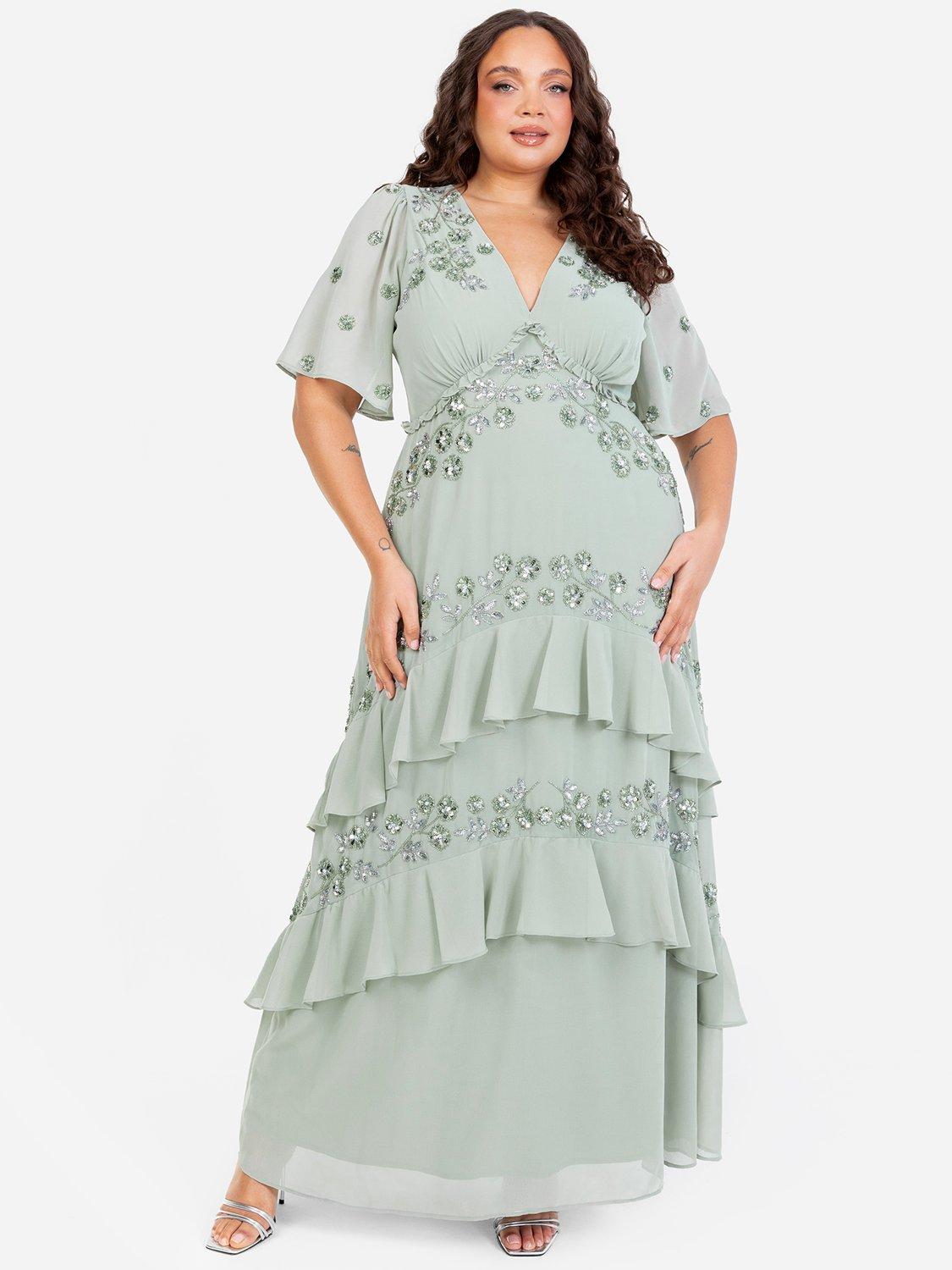 Product image 5 of 5, which shows Maya Deluxe Angel Sleeve V-Neck Tiered Maxi, Green Lily/Silver, 6