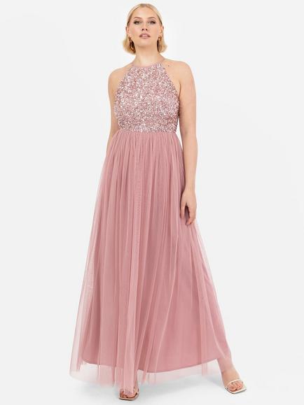 Maya Deluxe Halterneck Embellished Sequin Maxi Dress, Vintage Rose