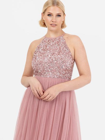 Maya Deluxe Halterneck Embellished Sequin Maxi Dress - view 2, Vintage Rose