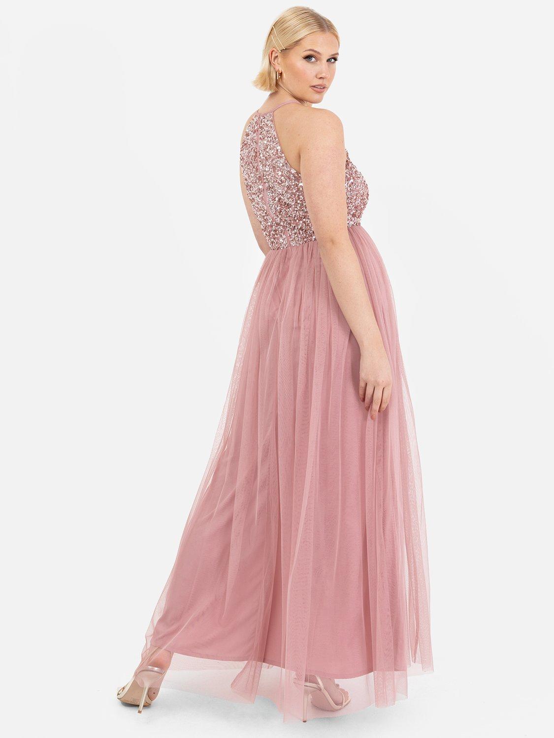 Product image 3 of 5, which shows Maya Deluxe Halterneck Embellished Sequin Maxi Dress, Vintage Rose, 6