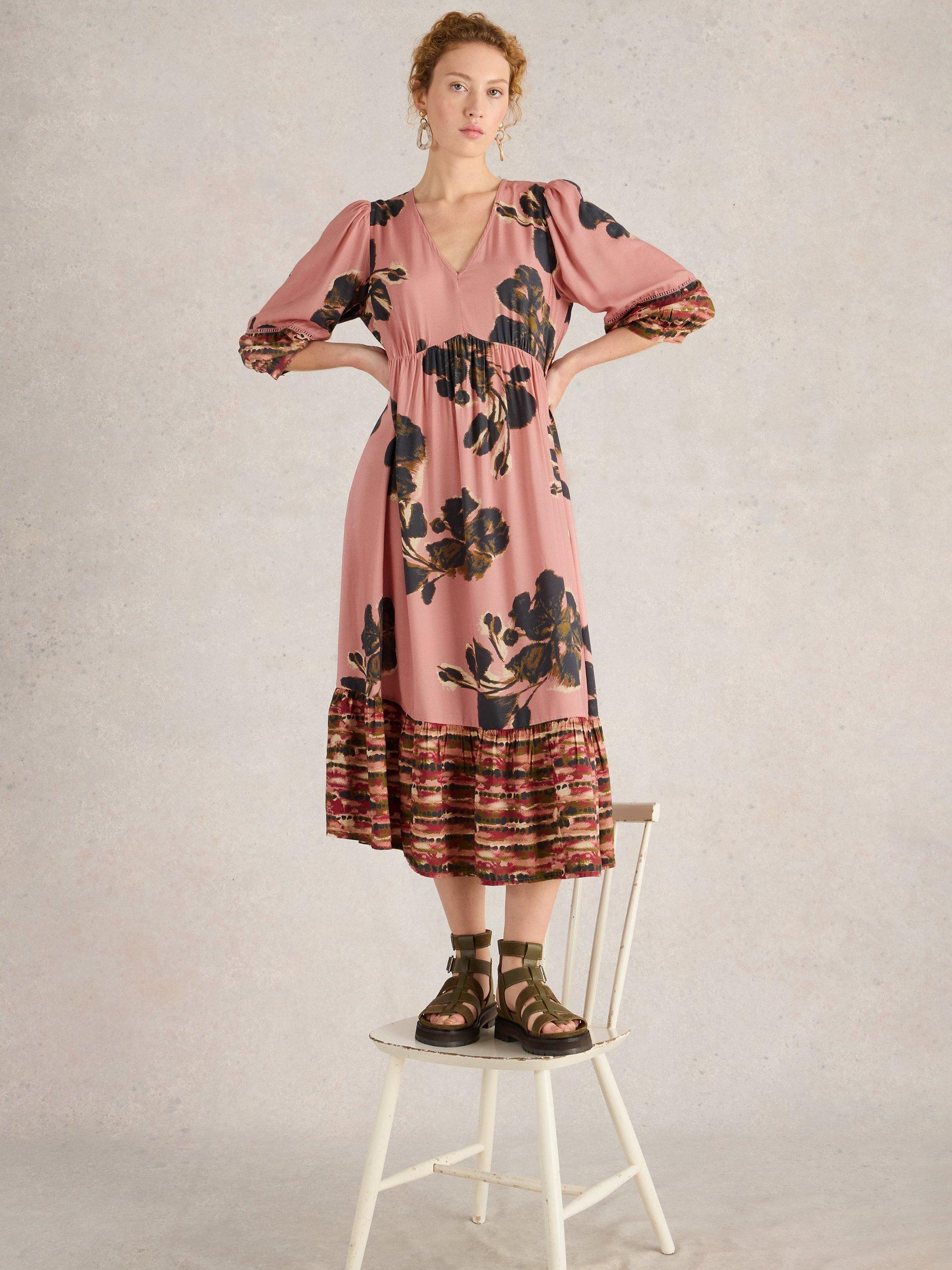 Product image 1 of 6, which shows White Stuff Lucy Flowers Midi Dress, Pink/Multi, 10