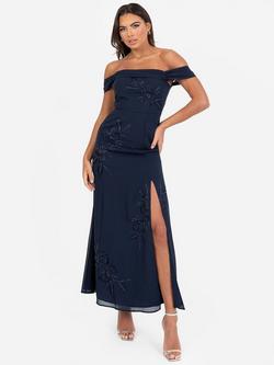 Maya Deluxe Embroidered Bardot Maxi Dress with Split, Navy, Navy