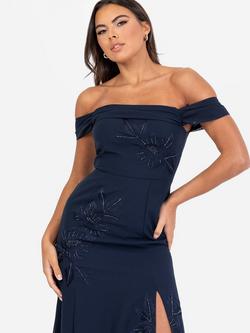 Maya Deluxe Embroidered Bardot Maxi Dress with Split, Navy - view 2, Navy