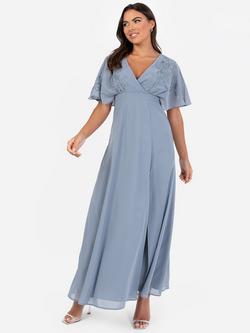 Maya Deluxe Wrap Bodice Floral Embroidered Maxi Dress, Dusty Blue, Dusty Blue