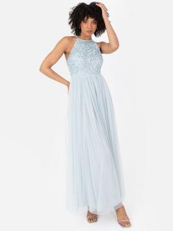 Maya Deluxe Halterneck Embellished Sequin Maxi Dress, Ice Blue