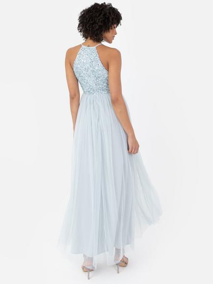 Maya Deluxe Halterneck Embellished Sequin Maxi Dress - view 2, Ice Blue