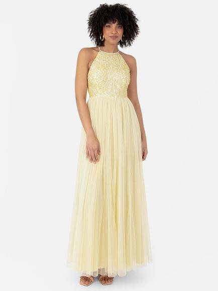 Maya Deluxe Halterneck Embellished Sequin Maxi Dress, Lemon