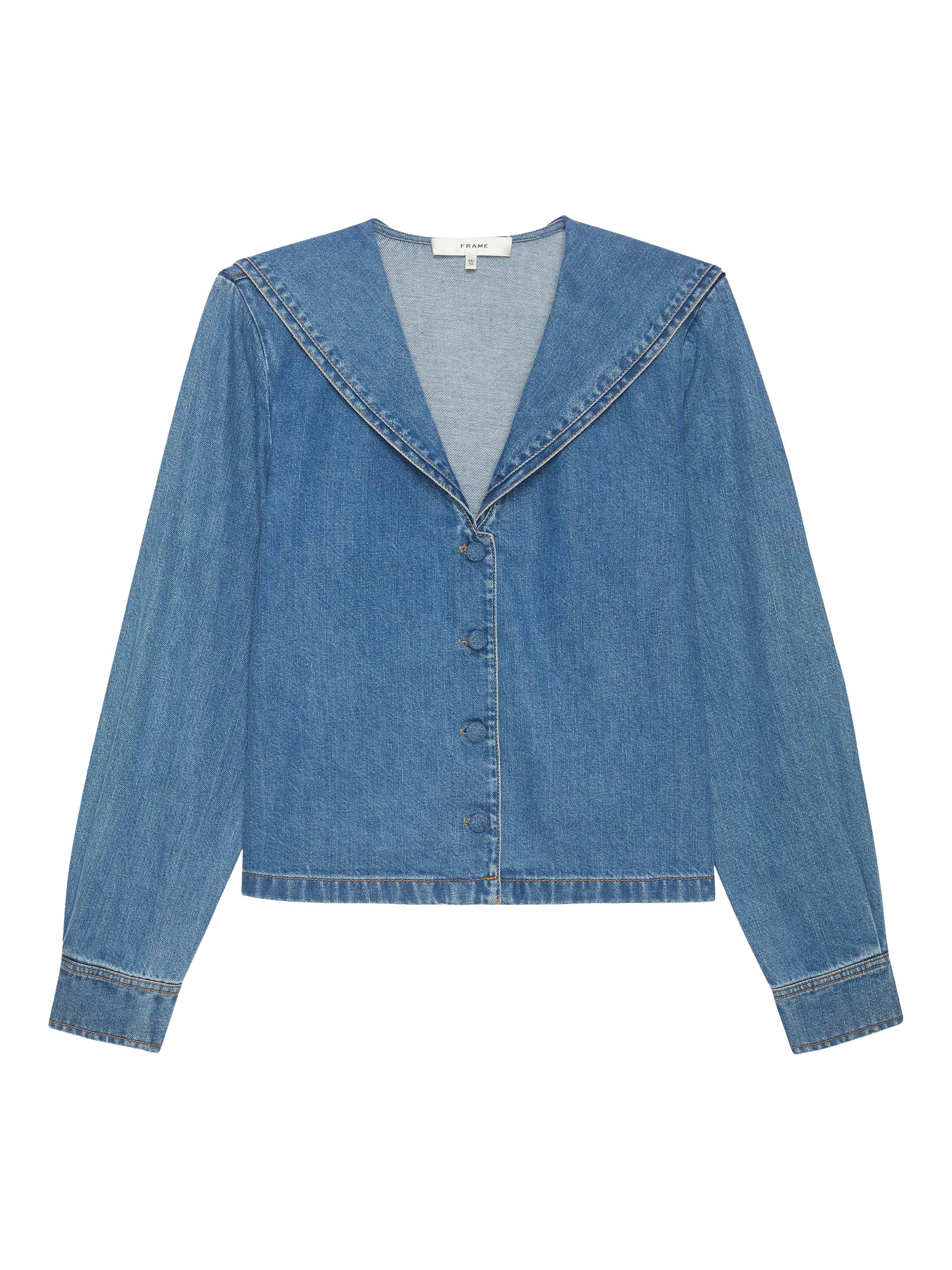 Product image 1 of 1, which shows FRAME The Fleet Sailor Denim Top, Blue, S