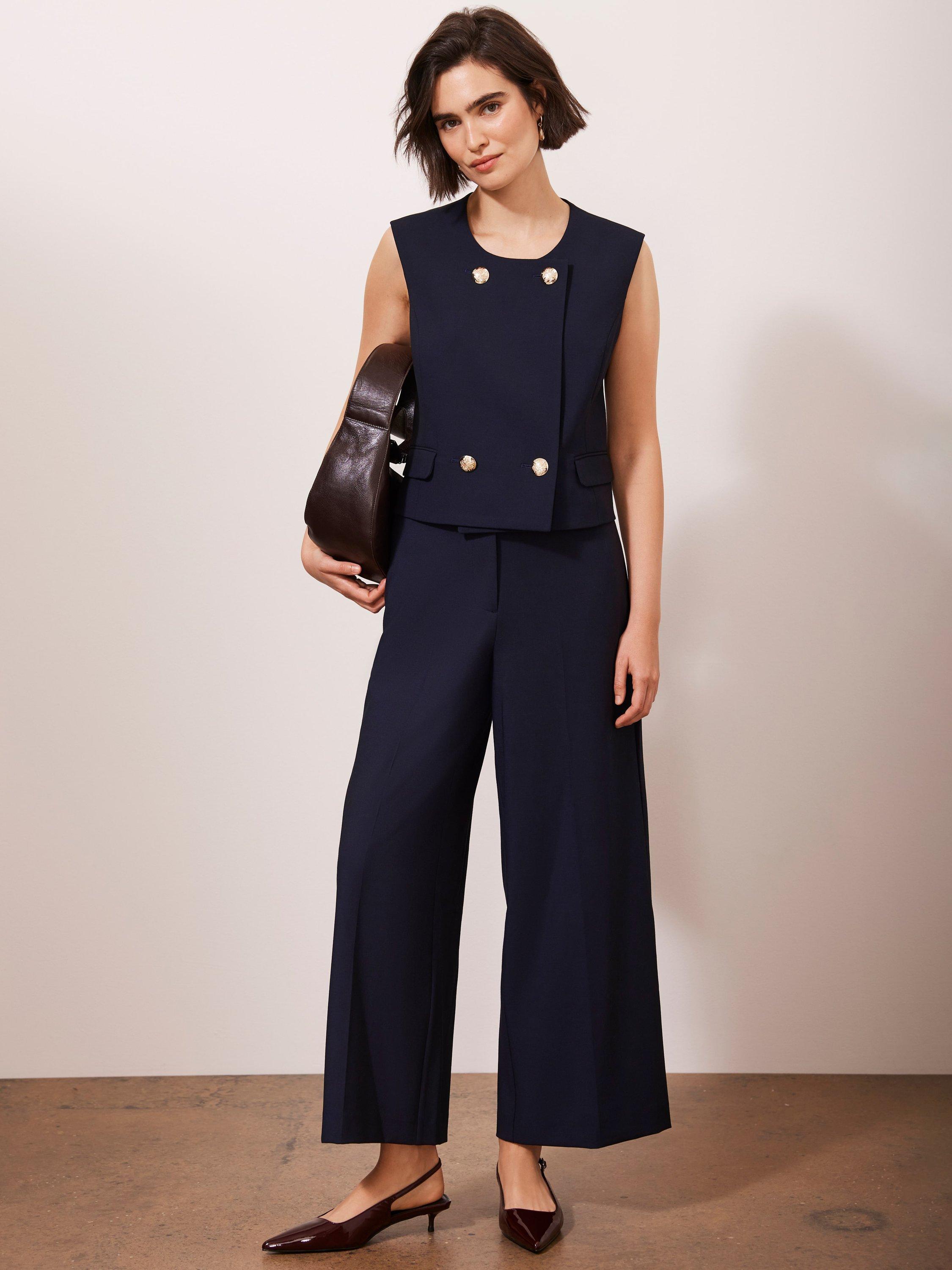 Product image 1 of 8, which shows Mint Velvet Cropped Wide Leg Trousers, Navy, 6R